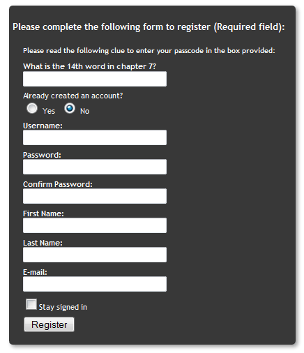 screen shot of Register form